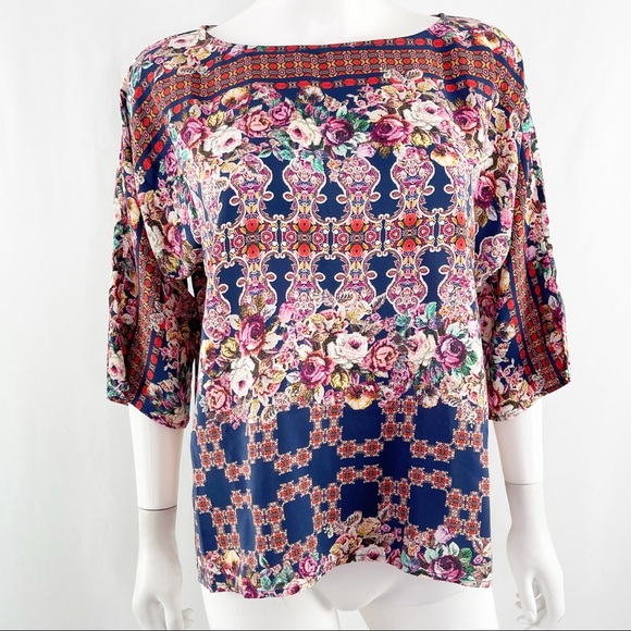 Kachel Anthropologie Petites Colorful Printed Silk Blouse Top Size 6P - Picture 5 of 9